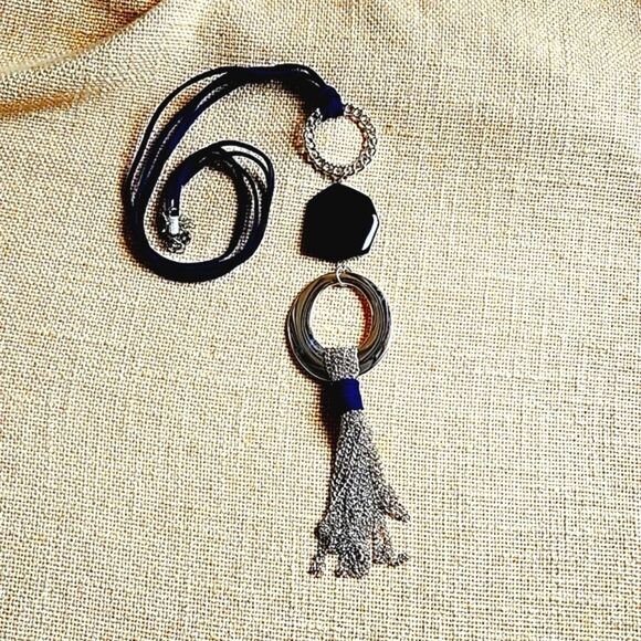 C1946 Long Silver, Navy & Black Drop Statement  Necklace - Picture 2 of 8